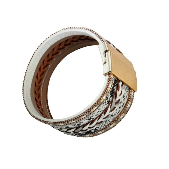 Boho Multi Layer Leather Braided Snake Pattern Magnetic Buckle Bracelet - Picture 2 of 4
